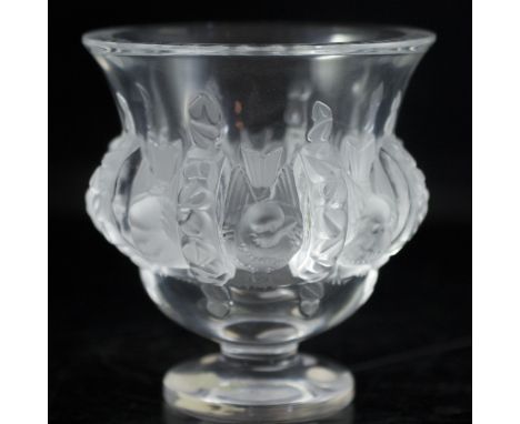 DESCRIPTION: Lalique Dampierre crystal vase. Vintage elegant crystal vase by Lalique featuring doves encompassing the exterio