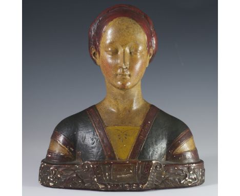 DESCRIPTION: Vintage Italian terracotta bust of a woman with red hair tied in a bun, closing her eyes and dressed in olive an