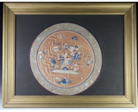 DESCRIPTION: Framed Chinese silk embroidery. Features a stitched rendering of a regal heroin riding on the back of a soaring 