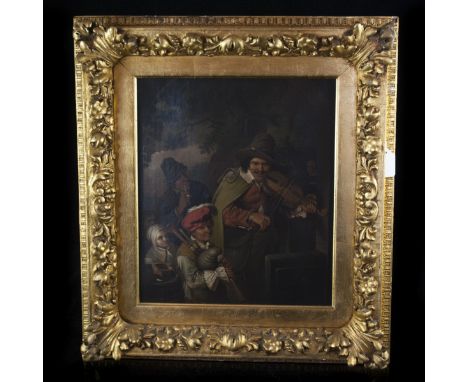 DESCRIPTION: This Oil on Canvas Painting by the Dutch School depicts a violinist and bagpipe honoring their honoree. Smooth b