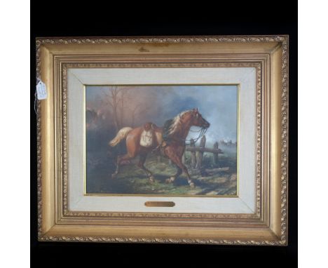 DESCRIPTION: Oil on canvas painting by Alfred Sainte Marie. Features a rendering of a lavishly saddled horse trotting along a