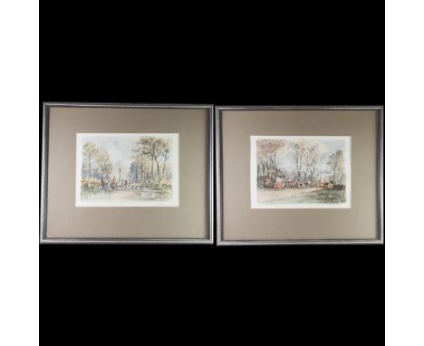 DESCRIPTION: Watercolors on paper. One features a rendering of red coated soldiers in a villiage, mounted on horses and march