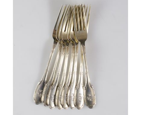 DESCRIPTION: Set of 8 German 800 silver salad forks. The handle is decorated with an engraved pattern of banners. Marked with