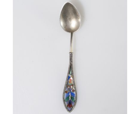 DESCRIPTION: Miniature sterling sugar spoon featuring cabled roped accents along the handle and enameled floral designs. Mark