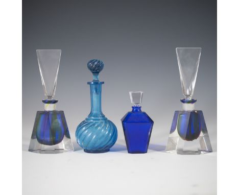 DESCRIPTION: Lot of glass perfume bottles. The first is a pair with violet, cobalt, green, and ruby hues, with clear glass en