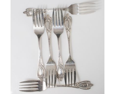 DESCRIPTION: Set of 6 Rogers, Lunt & Bowlen Sterling forks decorated with reticulated handles and strings of flowers encompas