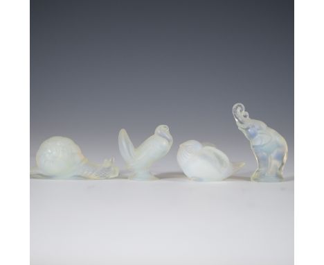 DESCRIPTION: Lot of four Art Deco Sabino opalescent figurines comprising of: a small elephant balancing a ball along its trun