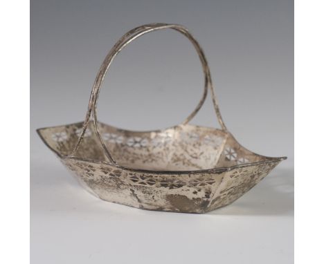 DESCRIPTION: A small handled sterling basket by R.Wallace & Sons. Features triangular reticulations along with an arching han