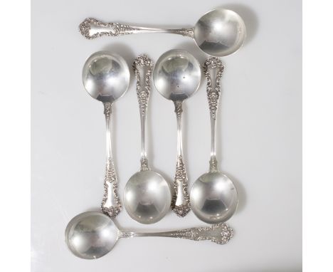 DESCRIPTION: Baroque patterned sterling set of 6 spoons embellished with embossed rococo scrolled floral accents along the ha