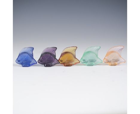 DESCRIPTION: Lot of five frosted crystal Lalique Poissons. Features hues of Cobalt blue, a peach orange, an amber orange, a t