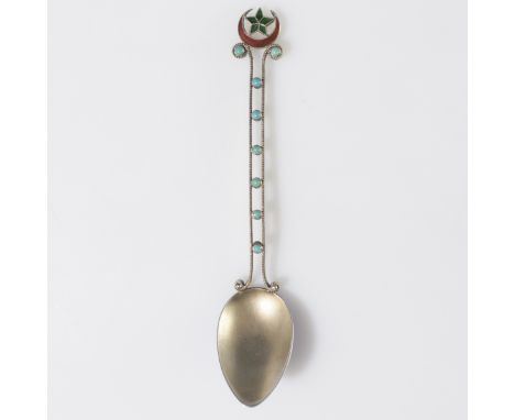 DESCRIPTION: Sterling Oriental spoons featuring two side panels embellished with ridged accents, turquoise stones, and an ena