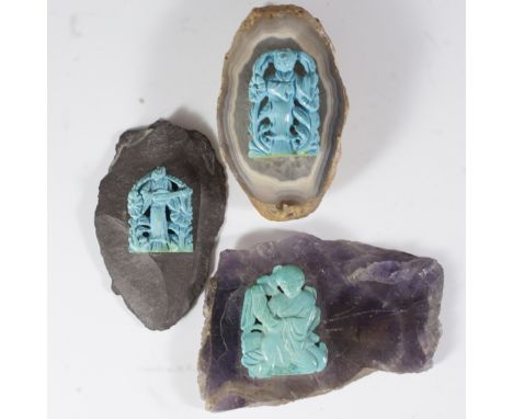 DESCRIPTION: Chinese turquoise carvings, one of guan yin, standing atop a dugway geode, one of a smiling woman fixed to an am