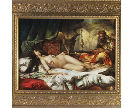 DESCRIPTION: Oil on panel painting featuring an Oriental motif rendering of a man playing a sitar whilst a nude woman lays on