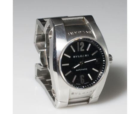 DESCRIPTION:A Bvlgari "Ergon" stainless steel men's watch. Features a circular black face, flanked with impressed Bvlgari log