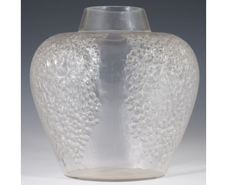 DESCRIPTION: Rene Lalique "Poivre" crystal vase. Features clear crystal body flanked by clusters of frosted crystal pepper bu