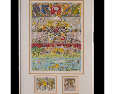 DESCRIPTION: Set of three framed collages on paper by James Rizzi. The first, and largest one is untitled, and features typic