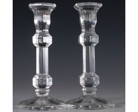 DESCRIPTION: Pair of crystal candlesticks featuring a hexagonal top with a two tiered beveled stem.CIRCA: 20th Ct.ORIGIN: Unk