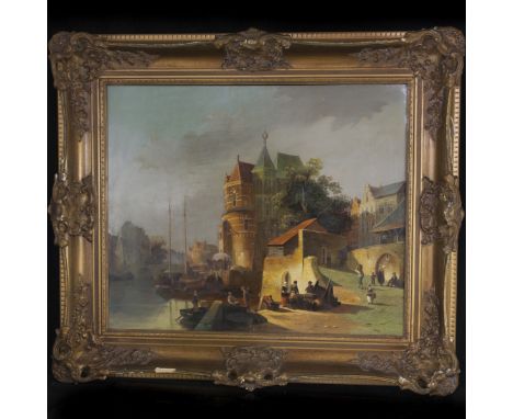 This Oil on Panel Painting by Old Master Cornelis Christiaan Dommersen depicts a vibrant and lively view of a Dutch city. Sig
