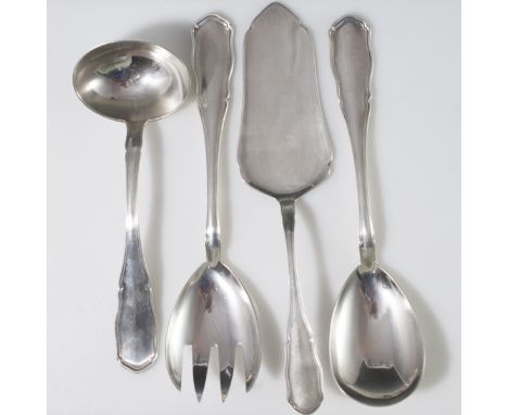 DESCRIPTION: German 800 silver serving set. Includes a salad serving fork and spoon, a cake server, and a sauce ladle. All fe
