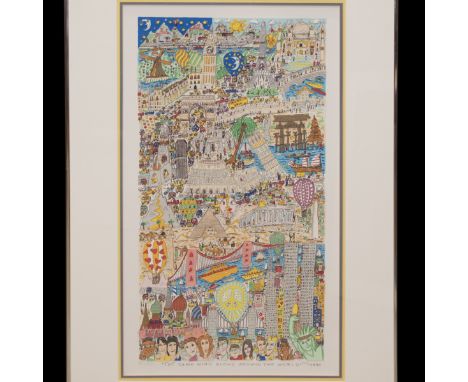 DESCRIPTION: Collage on paper by James Rizzi titled:"The Same Wind Blows Around the World". This vibrantly hued collage featu