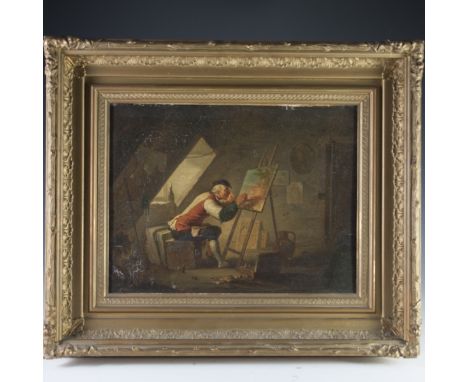 DESCRIPTION: Antique oil on panel painting of an artist in his studio in an attic painting a piece. Seen surrounded by other 