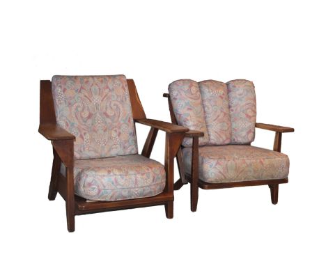 DESCRIPTION: Mid-Century Norwegian maple wooden his and hers wooden lounge chairs. Features a sleek carved wooden frame with 