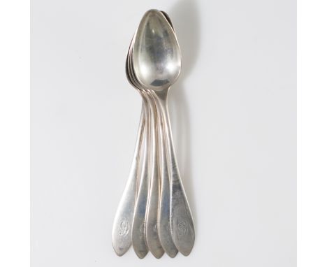 DESCRIPTION: Set of 5 sterling spoons with simple polished design and a "G" monogram. Marked: 925/1000 Sterling" along with i