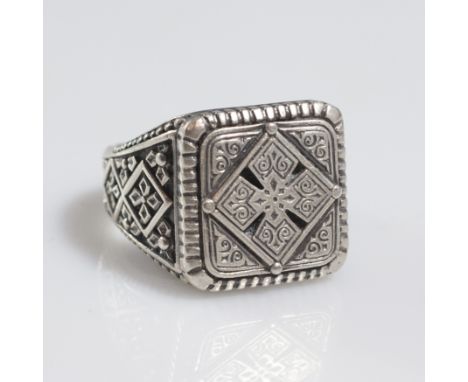 DESCRIPTION:Sterling ring by Konstantino. Comprises of engraved filigree embellishment of gothic swirled designs and patterns