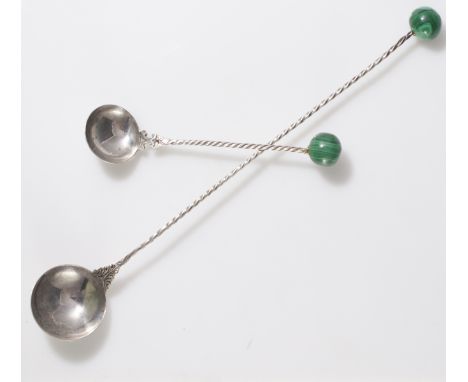 DESCRIPTION: 800 silver spoons featuring a spiraled coiled handle with spherical malachite beads at the tips. Illegibly hallm