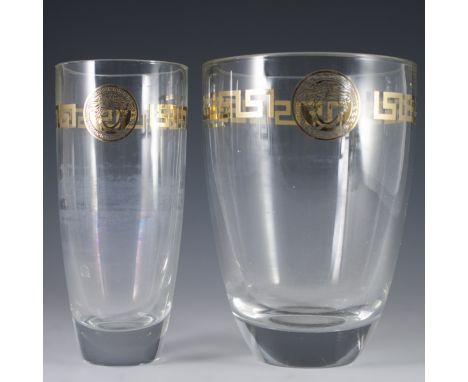 DESCRIPTION: Lot of two crystal Rosenthal Versace crystal vases in the classic Medusa gold pattern. Features the Medusa visag