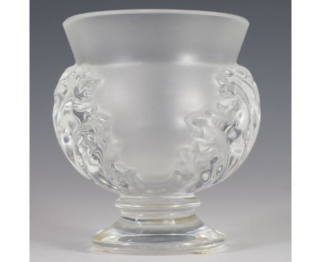 DESCRIPTION:Lalique "Saint Cloud" frosted crystal vase. Features two ridged clear crystal embelishments flanking the frosted 