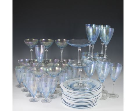 DESCRIPTION: Complete iridescent glass set. Features 12 cocktail glasses, 12 wine glasses, 12 cups, 12 plates, and two compot