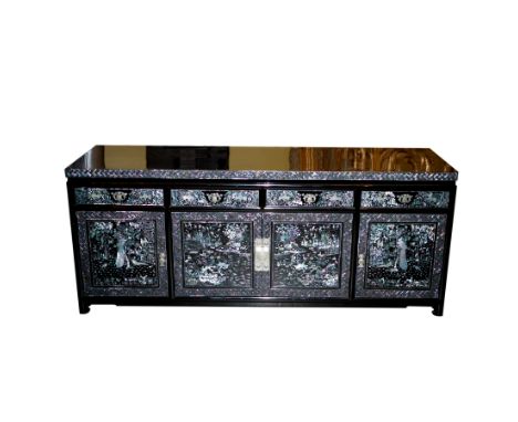 DESCRIPTION: Guangdong Chinese Cabinet Featuring Handcrafted Mother of Pearl Jungle Scene Inlay onto Elm Wood. 4 Top Drawers.