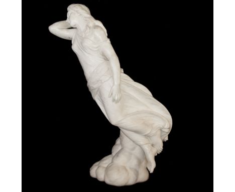 DESCRIPTION: Exquisite antique white marble statue of a woman gliding atop a pilliar of clouds, draped in flowing garbs, rest
