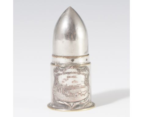 DESCRIPTION: Silverplated souvenir bullet ornament from Old Orchard Beach Maine. Features a shield with a rendering inside of
