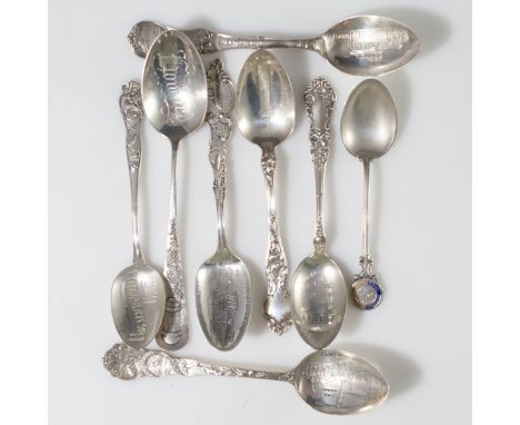 DESCRIPTION: Collection of 8 sterling travelling spoons from cities all over the United States.CIRCA: 20th Ct.ORIGIN: USADIME