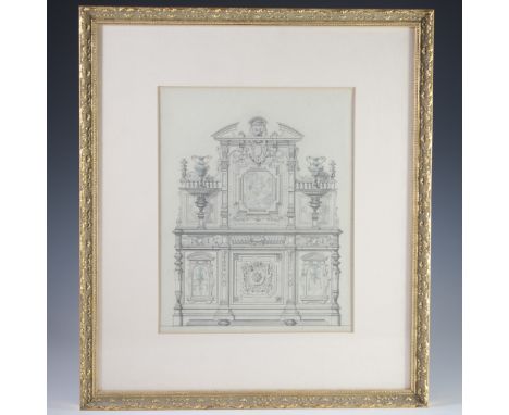 DESCRIPTION: Antique watercolor of an ornate Rococo style server commode. Intricately detailed and ornate shadowing. On paper