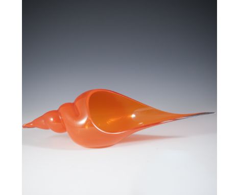 DESCRIPTION: Formia Murano glass catch all. Features a brilliant neon orange hue and a conch shell motif with an aperture of 