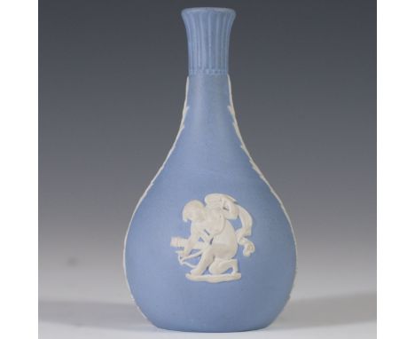 DESCRIPTION: Blue jasperware bud vase by Wedgwood. Features a light blue ground color with white, embossed cherubs intersecte