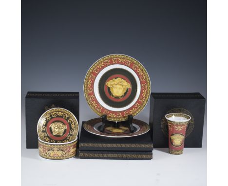 DESCRIPTION: Rosenthal Studio-Linie Versace Medusa porcelain set. Includes two small plates, a small vase, and a lidded jar. 