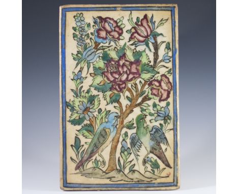 DESCRIPTION: Antique Italian ceramic tile. Features a rendering of birds flanking a center branch with an array of multihued,