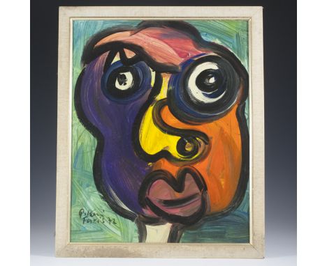 DESCRIPTION: Abstract expressionist oil on masonite painting by Peter Keil. Features a vibrantly hued figural visage set with