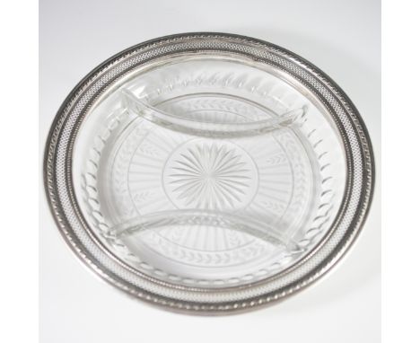 DESCRIPTION: Gorham sterling and crystal dish. Features sterling reticulated overlay and an etched crystal dish with floral d