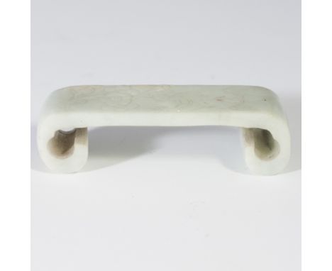 DESCRIPTION: Scrolled jade platform display base. Features two scrolled legs and engraved with two birds and flowers.CIRCA: 1