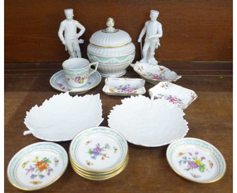 A KPM Berlin lidded sugar basin, six dishes, cup and saucer, three Royal Crown Derby pin dishes, a pair of KPM Berlin figures