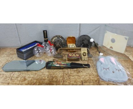 Assorted items including door knocker, travel clock, door handle, etc. **PLEASE NOTE THIS LOT IS NOT ELIGIBLE FOR IN-HOUSE PO