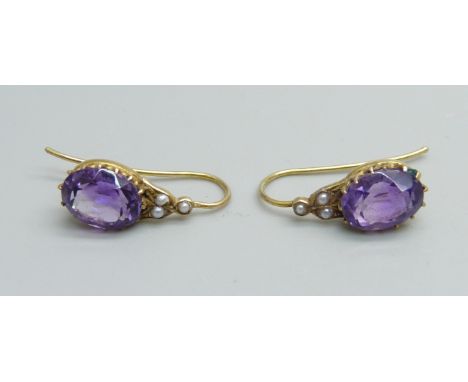 A pair of 9ct gold, amethyst and half pearl earrings 