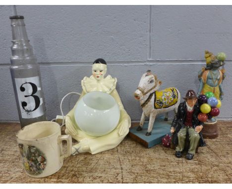 A table lamp, a Royal Doulton The Balloon Man figure, a/f, a glass jar, an Indian figure, etc. **PLEASE NOTE THIS LOT IS NOT 