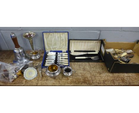 Silver plated items, a set of K. Kimmel, Solingen antler handled knives and forks, a basket of linen, etc. **PLEASE NOTE THIS