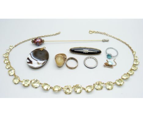 A past set necklace, a Victorian seed pearl and enamel brooch, a French silver ring, an agate pendant, a rolled gold ring, et